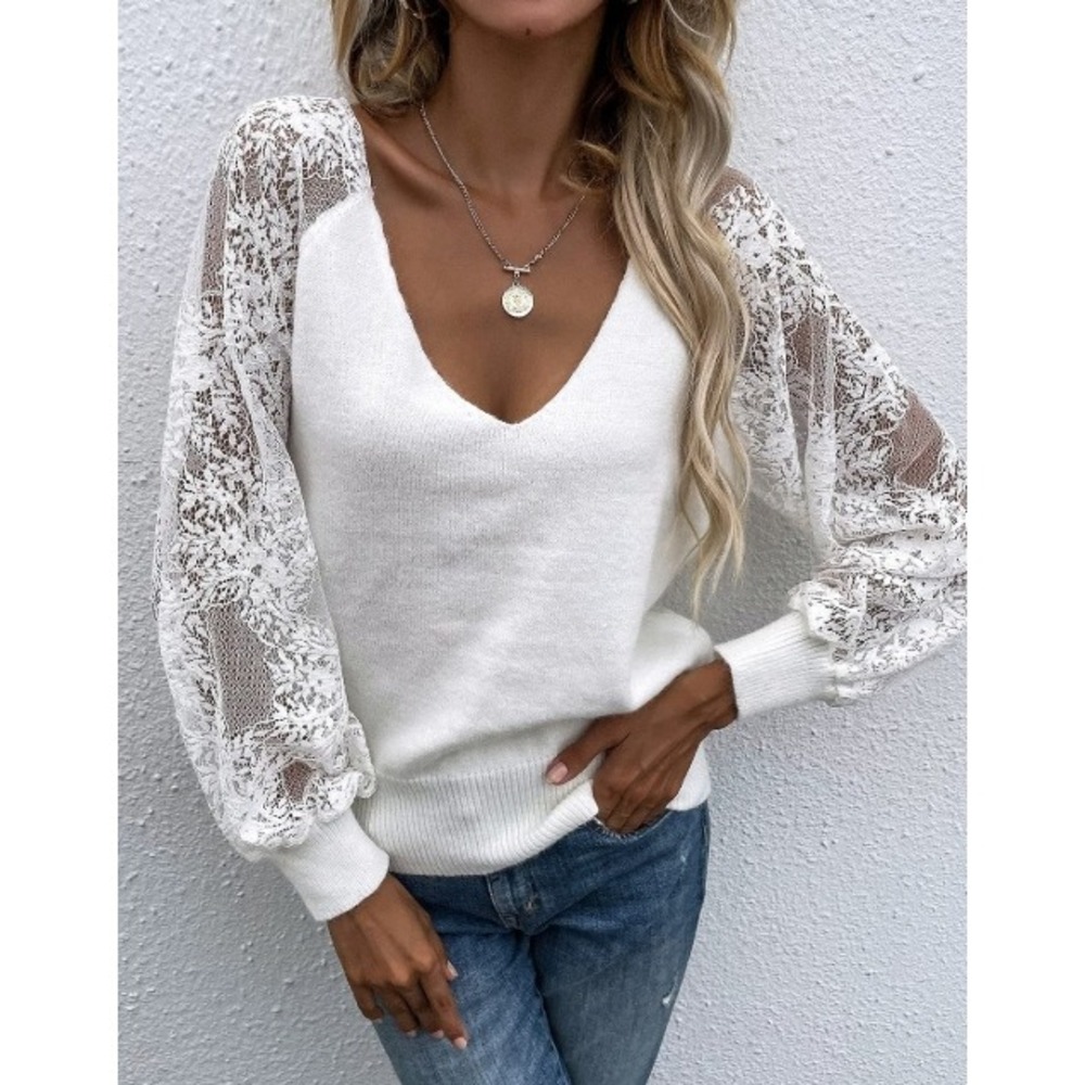 Fashion Sweater White Lace Sleeve V-Neck Ribbed Knit Romantic Ethereal Work S